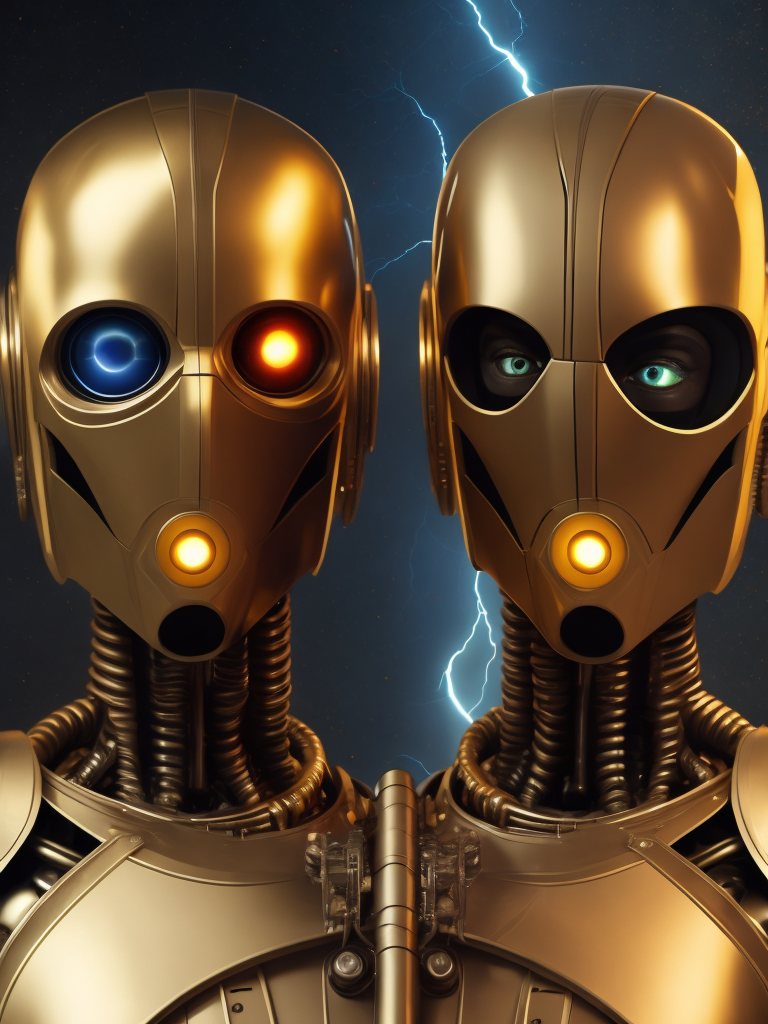 Robot illustration with two faces in the same face, bipolar face, cinematic lightning, like c3po star wars