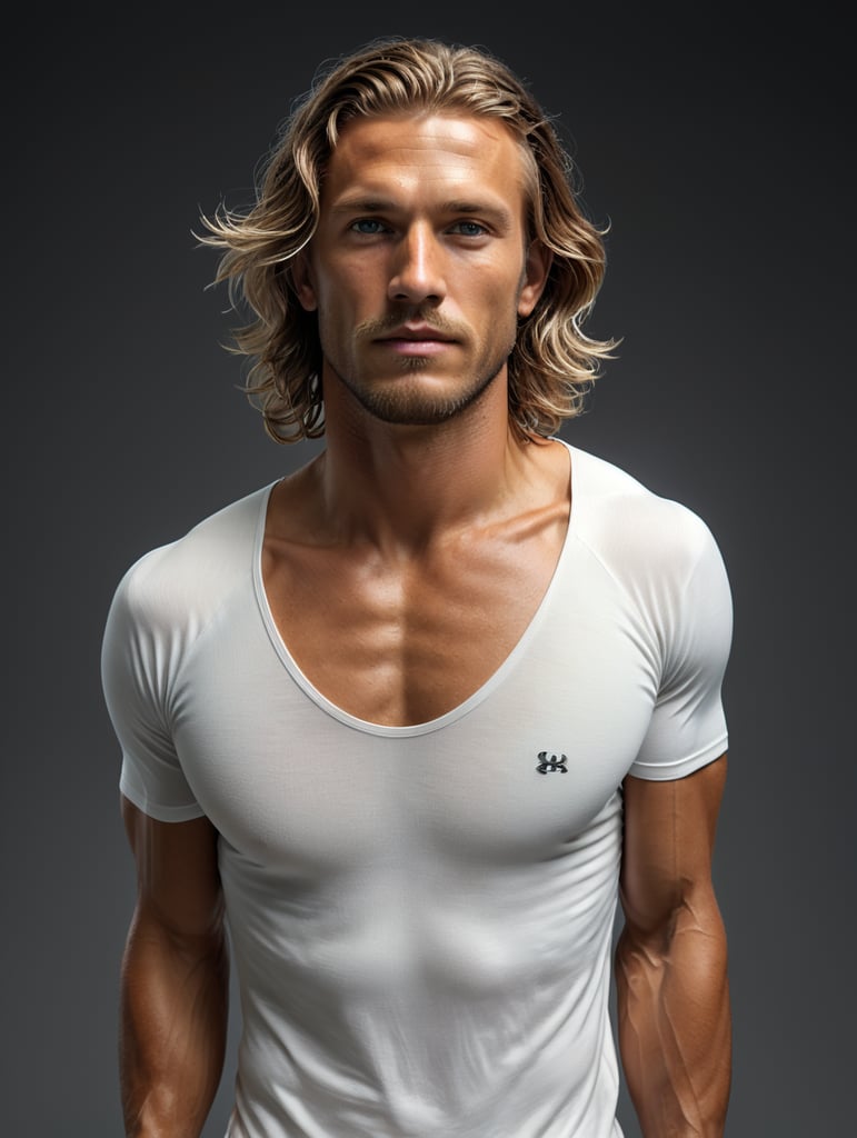 surfer man in plain white tee shirt round neck tee( no pocket ) on white background