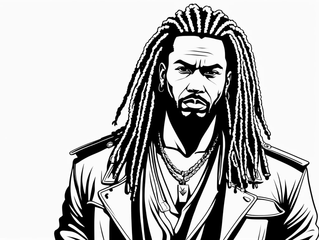 Very arrogant Gangster with dreadlocks, in the style of basic simple line art vector comic art on white background