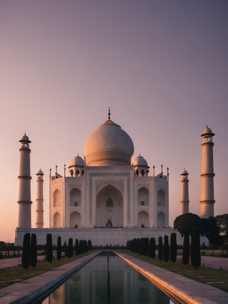 Taj Mahal, pink purple sunset,