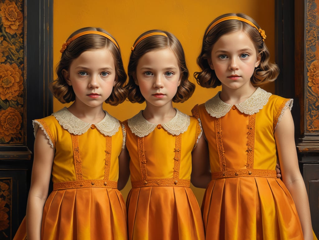 Vintage portrait of twin girls wearing a dress, complementary colors, Wes Anderson style, Incredibly high detail, Bright colors, yellow color, orange color,