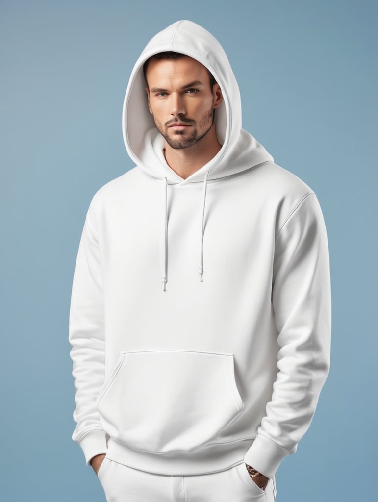 a man wearing blank white hoodie, isolated, blue background, style of Miles Aldridge, mockup, mock up