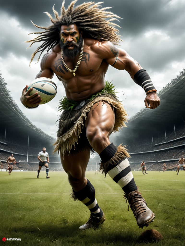 A Fijian warrior with long hair dressed in grass skirts wearing rugby boots with long white and black stripe socks,running with a rugby ball in one hand, and a Fijian war club in another hand, scoring a try🏉