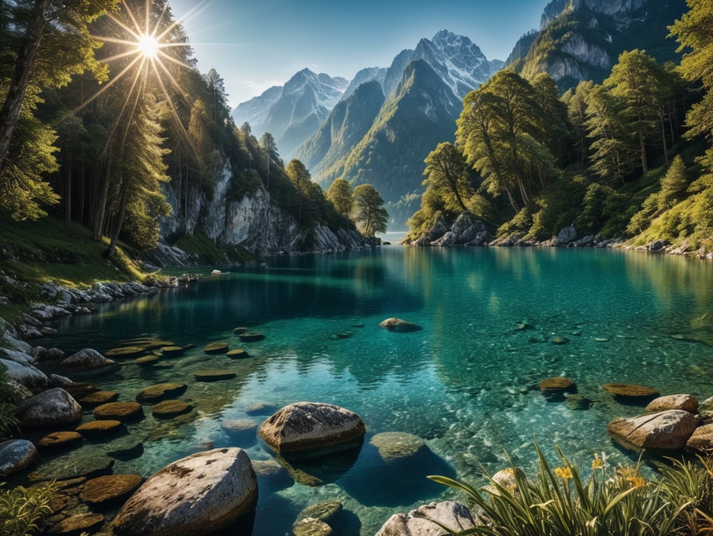 surreal place, similar to the landscapes of Switzerland, beautiful and beyond comprehension. crystal clear water, incredible and beautiful nature, radiant sun, cinematic, lots of details