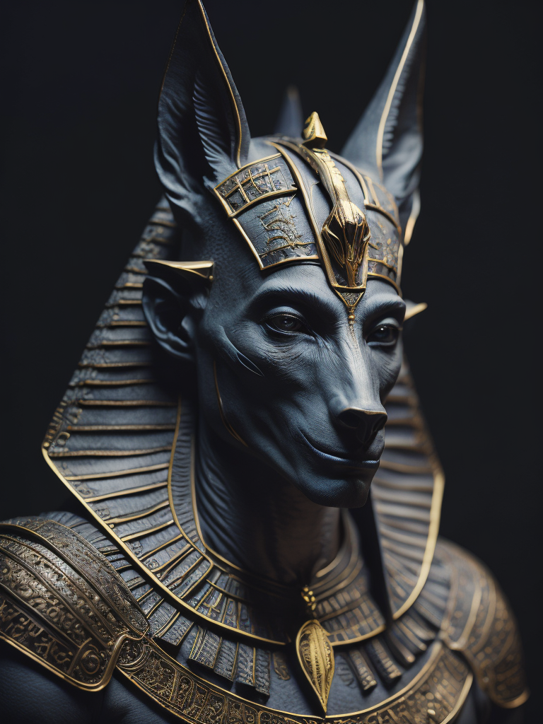 Egyptian god Anubis, portrait, hyper-realistic, dark style, focus on face, sharp on details, black background