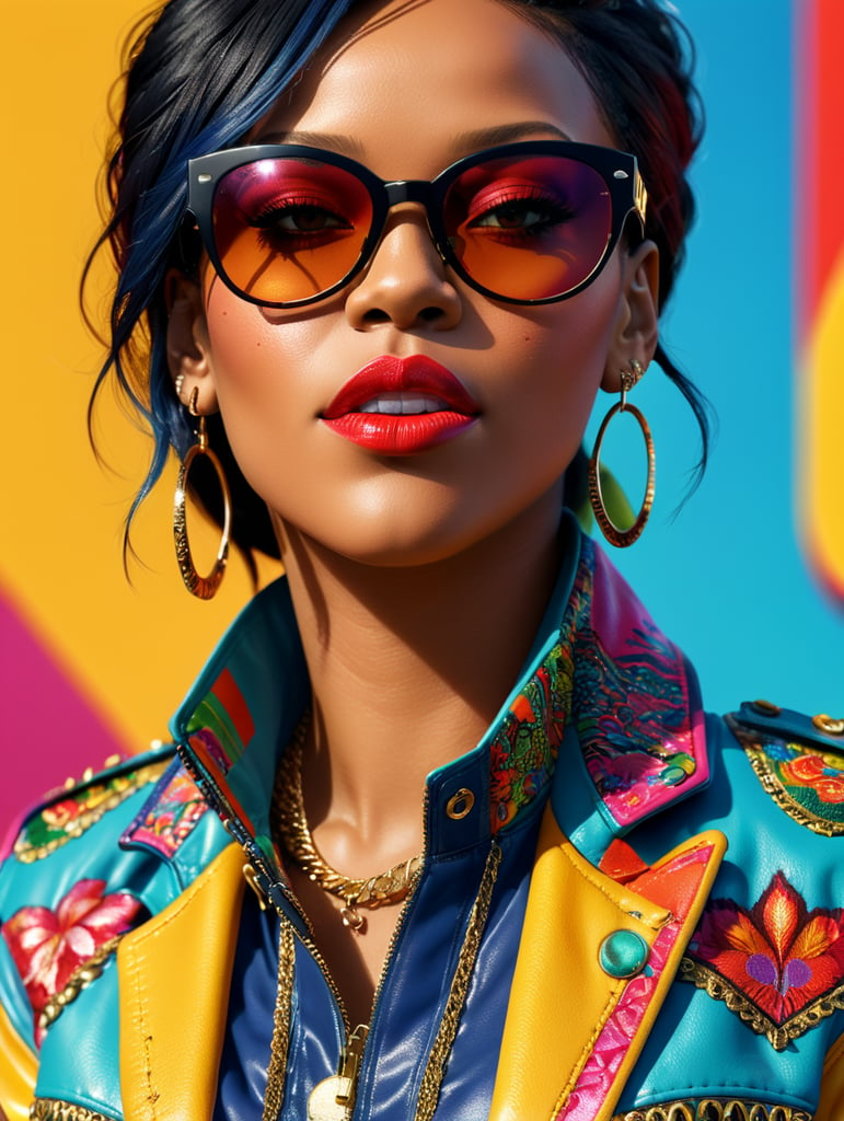 Rihanna wearing a brightly patterned jacket and wayfarer glasses, Vivid saturated colors, Contrast color