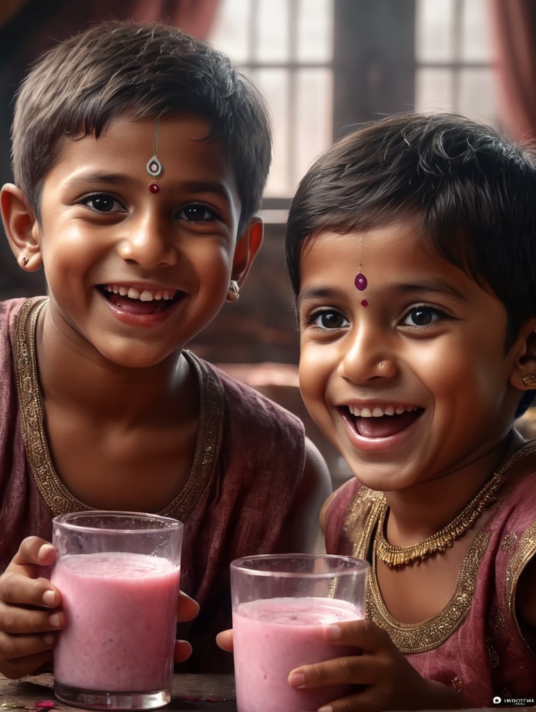 an 2 Indian kids drinking rose milk with happy face
