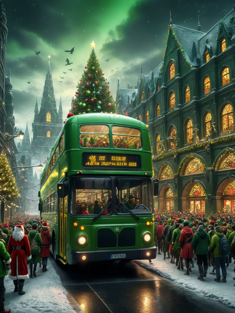 Premium Free ai Images | christmass city with santa raindeer green bus ...