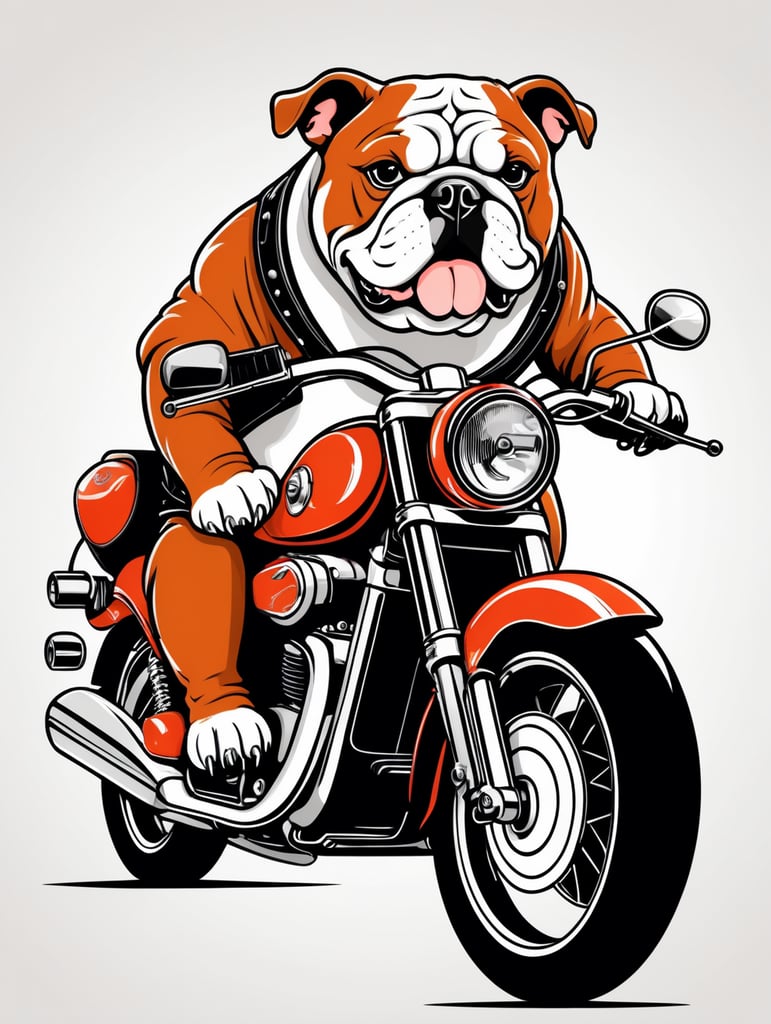 a bulldog wearing a leather jacket riding a motorbike, in the style of simple line art vector comic art on white background