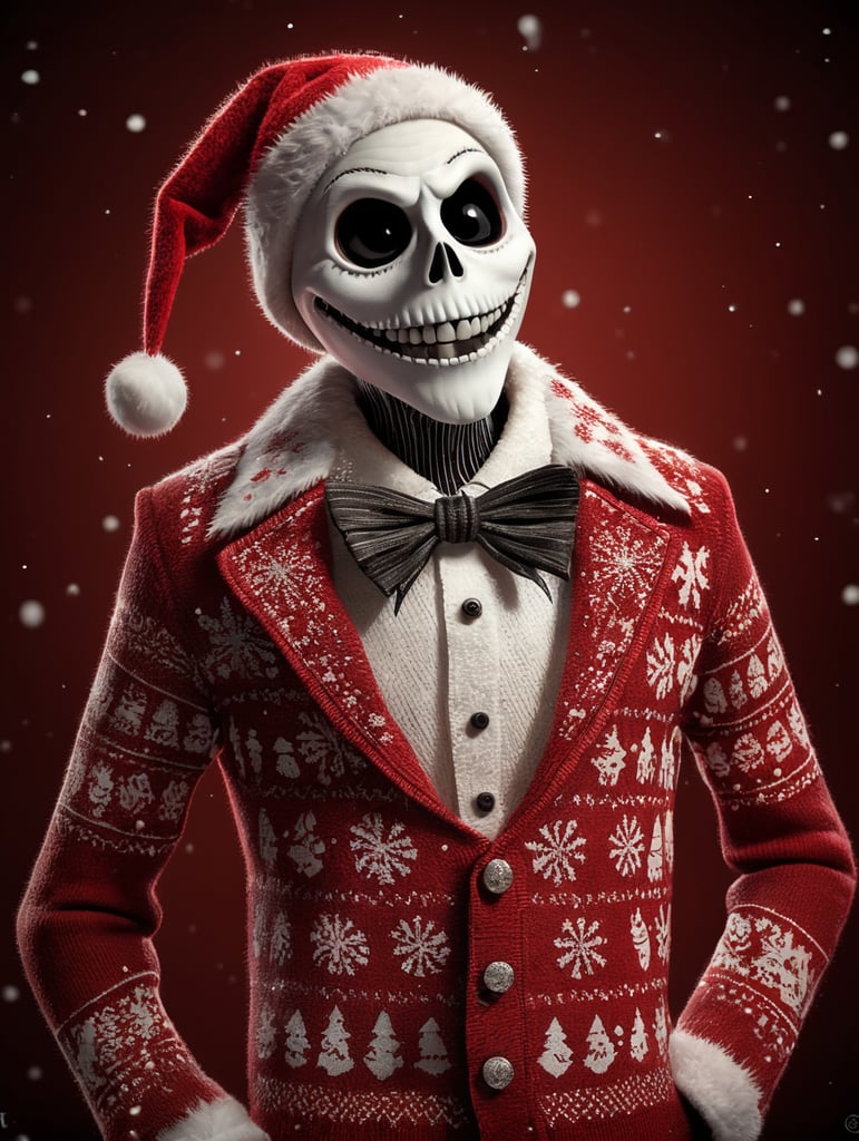 Jack Skellington standing wearing an ugly Christmas sweater red background