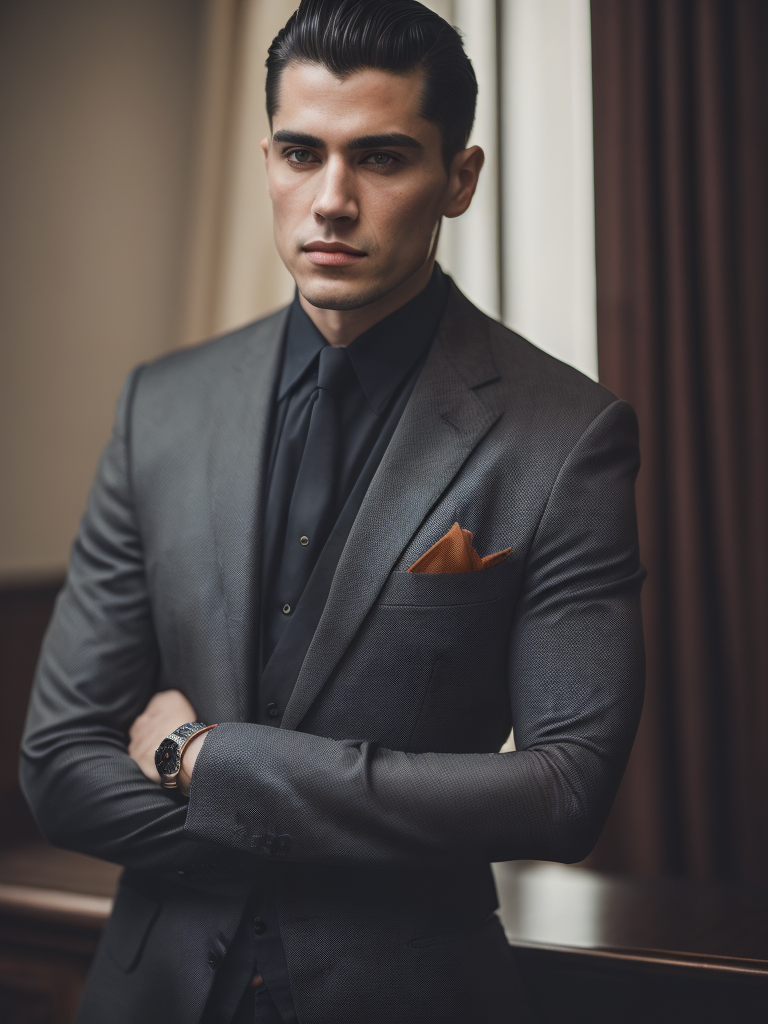 Portrait of a mafia boss in formal suit, Thick build, Hair slicked back, Aggressive look, Against a vintage interior, Subdued tones, Deep colors, contrasting light,