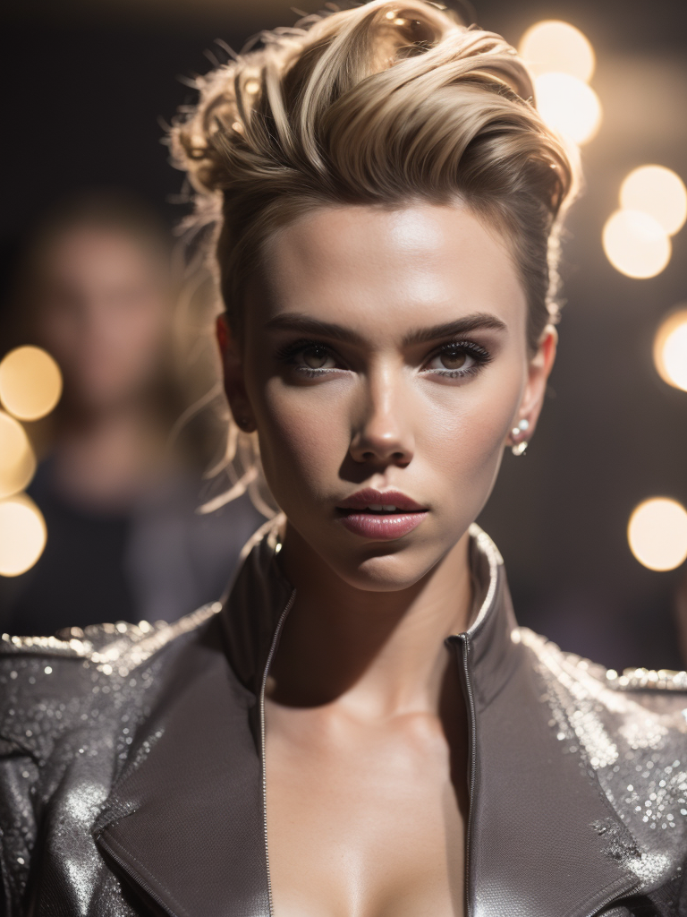 Scarlett Johansson as Victoria's Secret model walking down the catwalk, high definition, photography, cinematic, detailed character portrait, detailed and intricate environment,