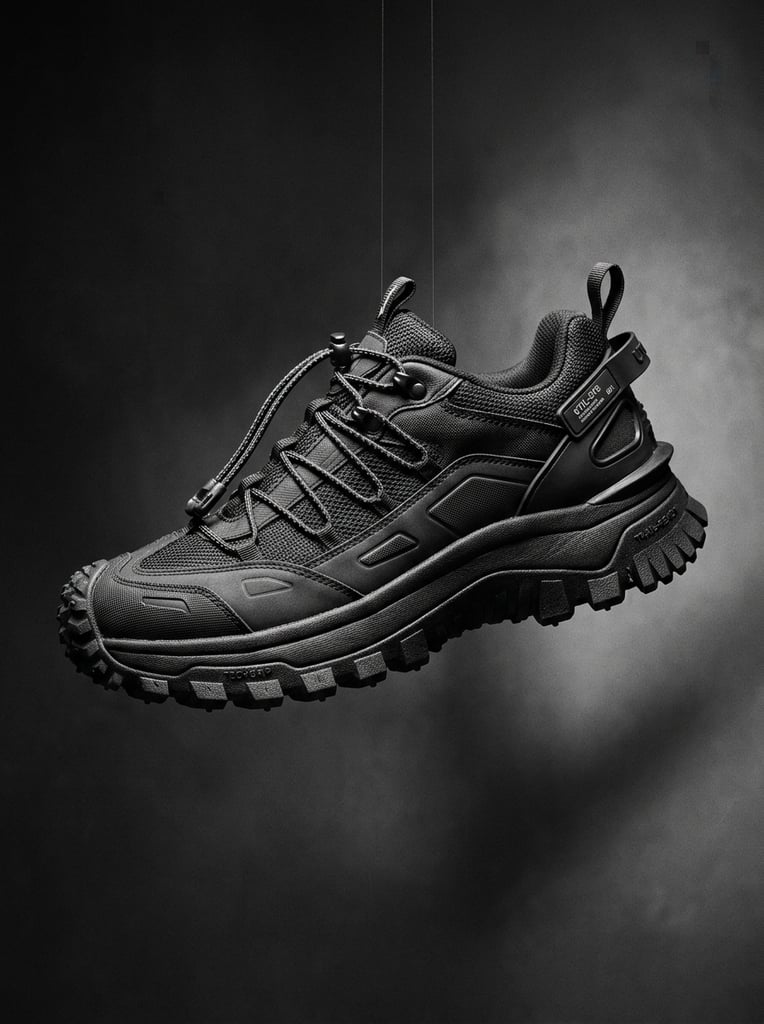Chunky black utilitarian sneaker floating mid-air, multi-layered mesh and matte rubber, intricate bungee cord lacing, thick rugged segmented sole, dark gradient studio backdrop, dramatic side lighting, sharp focus, monochrome product photography