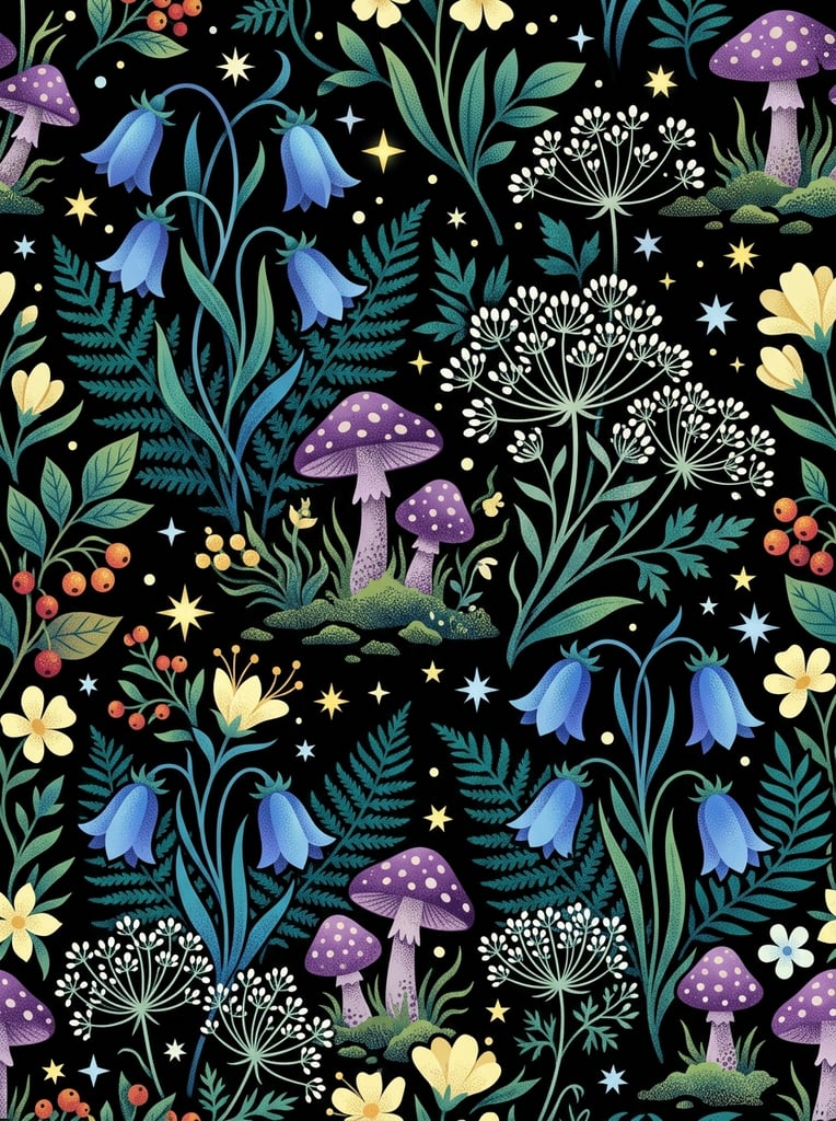 A nocturnal botanical pattern on a black background featuring stylized blue bell flowers, purple spotted mushrooms, and white umbel blossoms. Dark teal ferns, pale yellow blooms, berries, and glowing stars fill the composition, rendered as flat vector shapes with stippled gradient shading.