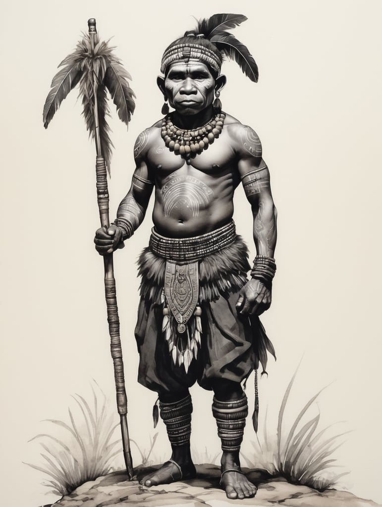 black pen and ink, a full-body portrait of a tribal Pygmy