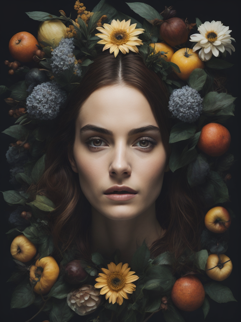 a painting of a woman's head surrounded by flowers and fruit