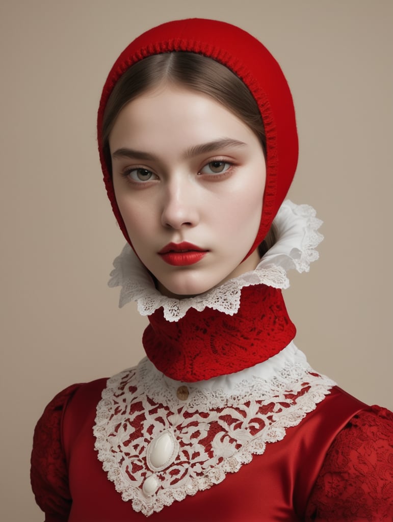 The girl is dressed in a red balaclava and a baroque collar, Romina Ressia style