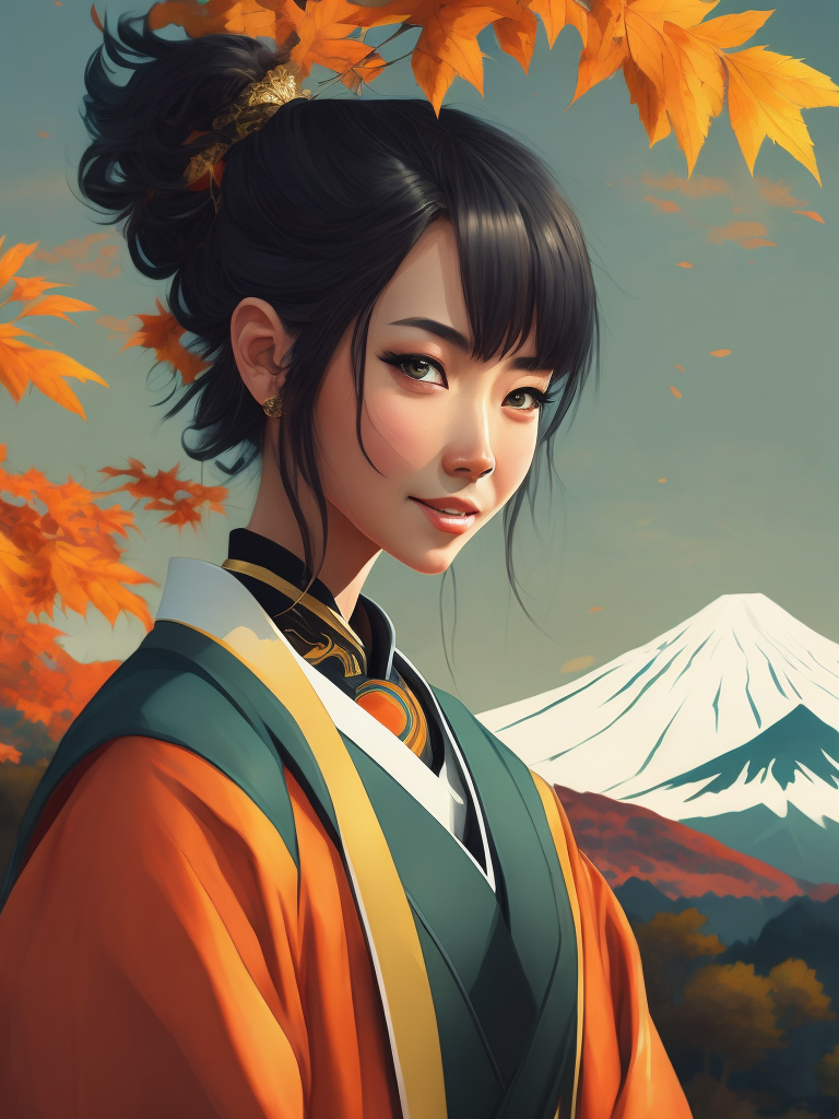 A cute and smiling Japanese girl in a white-gold kimono at sunset, Mount Fuji and autumn trees in the background in the distance. Miyazaki japan cartoon style details. clear, sharp and colorful high-resolution picture.