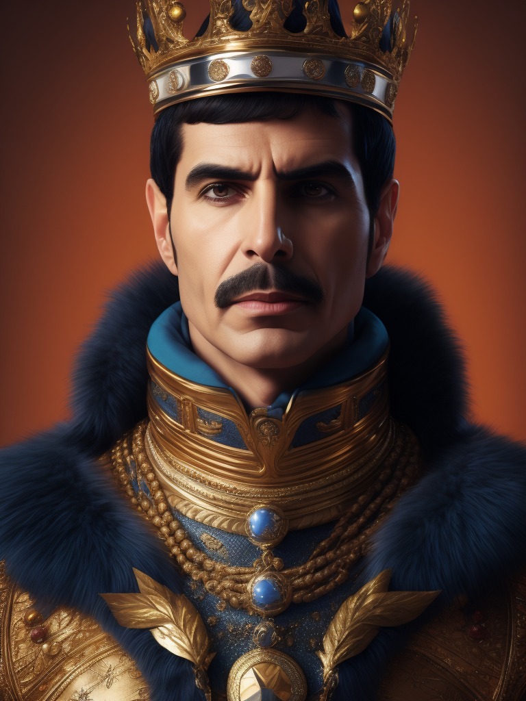 Portrait of Freddie Mercury wearing the Queen's crown, royal mantle, Vivid saturated colors, Contrast light, studio photo, professional photo, Detailed image, detailed face