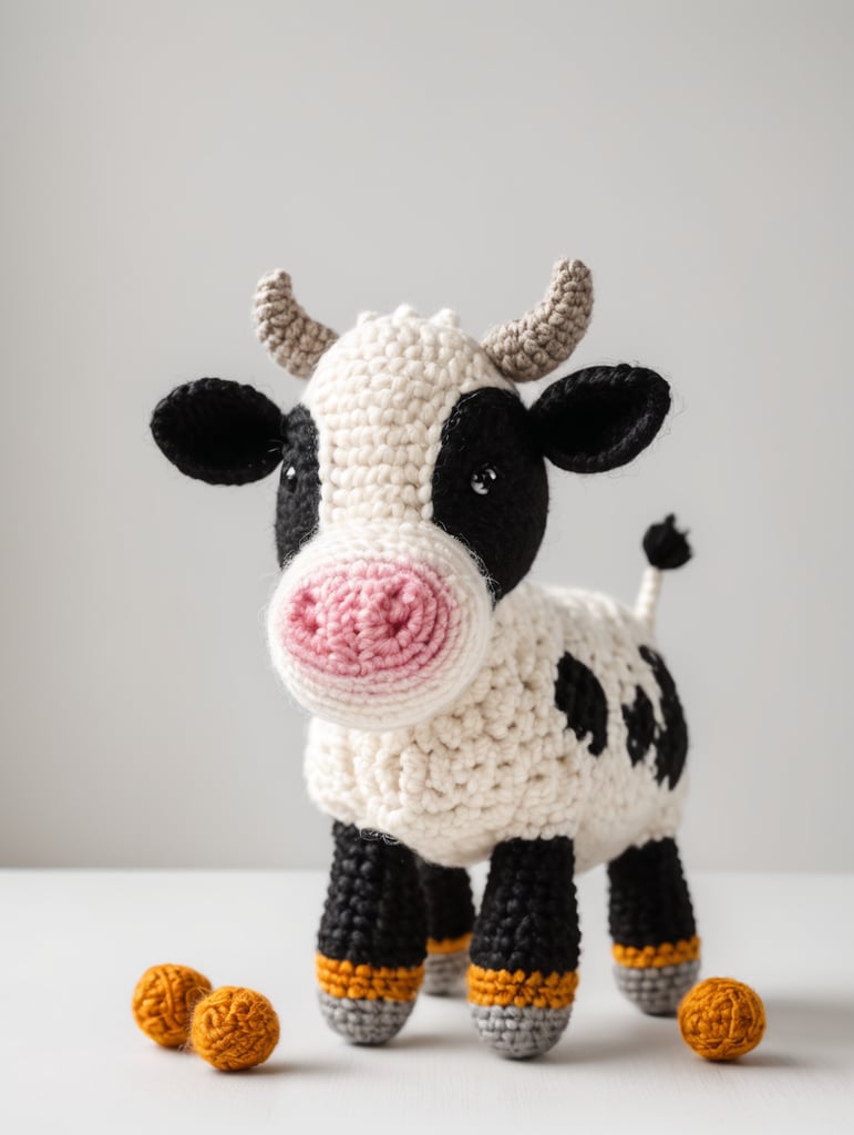 Realistic photo shoot, crochet cow stands, natural wool material, textured crochet, white background, three-dimensional shapes, handmade, arranged on the surface, strict simplicity, high detail, at the eye level of the camera