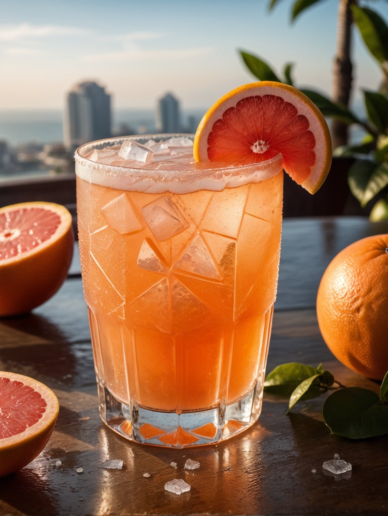 Grapefruit juice cocktail, with ice cubes in the glass and a salt rim, amazing photo, very realistic, elegant and tasty, photography, condensation, f2.8, 50mm lens, intricately detailed, 8k, cinematic production, highly detailed, highly realistic, sunny mexico in the background