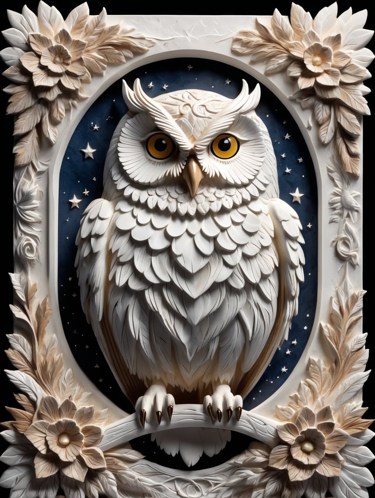 Picture an owl in 3D bas-relief, its feathers intricately detailed for a lifelike texture. Its wise, piercing eyes dominate the piece. A palette of browns and whites, set against a night sky backdrop, with a mystical, moonlit border.