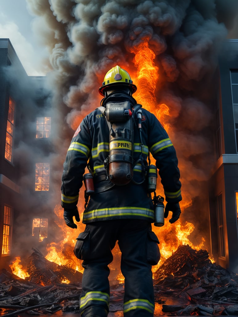 Firefighter, front facing, in a burning office building, fire, smoke, embers, realistic