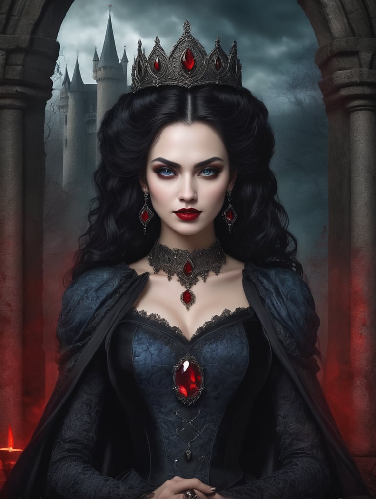 A highly textured image of a medieval fantasy powerful scary evil vampire queen. The image is in a portrait orientation with a 9:16 aspect ratio, resembling an old book painting. Image Details The vampire queen is depicted in a dark, ominous setting with a backdrop of a medieval castle or a dark forest. She is dressed in a long, flowing black gown with intricate details and textures, resembling a mix of medieval and Gothic styles. Her skin is pale and cold, with a subtle blue undertone, giving her an otherworldly appearance. Her eyes are piercing red, with vertical pupils, adding to her menacing and evil appearance. Her hair is long and dark, with subtle hints of red, flowing down her back like a river of night. She is adorned with dark, Gothic-inspired jewelry, including a choker with a large, blood-red gemstone. Her lips are full and red, curled into a cruel smile, revealing her sharp fangs. Artistic Style The image is created in a style reminiscent of old book paintings, with a mix of medieval and Gothic