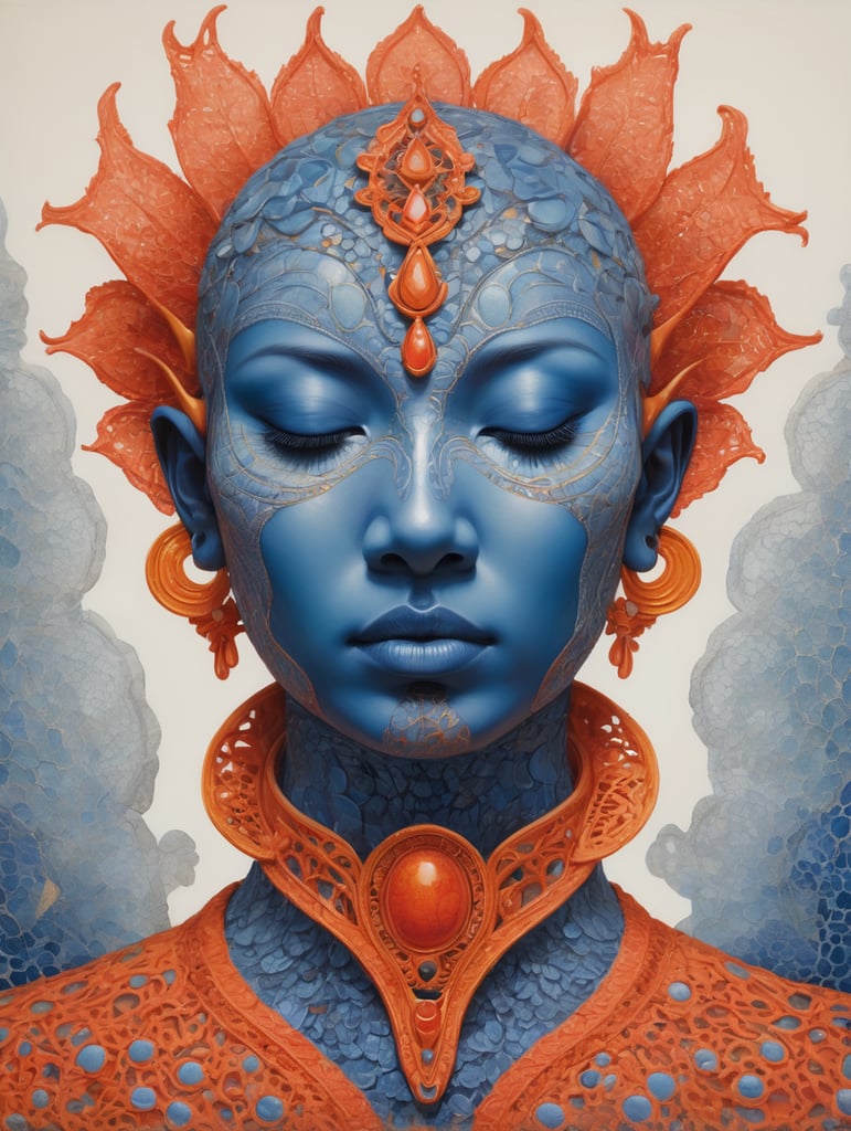 An intricate painting of a figure with blue, scale-like skin textures and closed eyes, giving a serene expression. The head and shoulders should merge into an organic, coral-like structure with lace-like patterns of empty spaces in warm hues of orange, red, and yellow, providing a stark contrast to the blue skin. Emulate the detailed patterns of cellular or porous natural materials with varied hole sizes and interconnecting strands.
