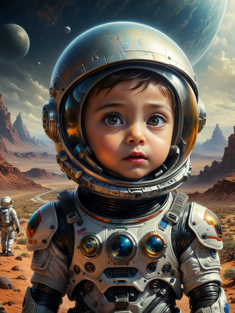 a child in a space suit with a surprised look on his face