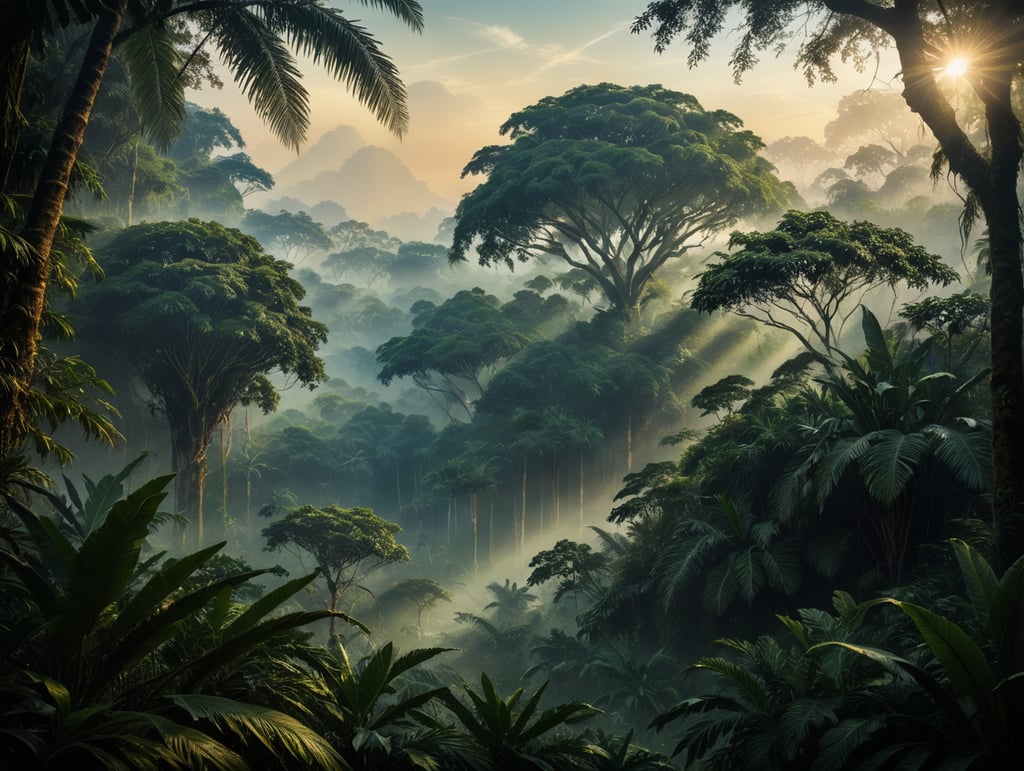 (((digital painting style))) Jungle with misty atmosphere, conceptual ilustration, golden hour, digital painting effect, Dusan Markovic style, masterpiece, utra quality, extreme details