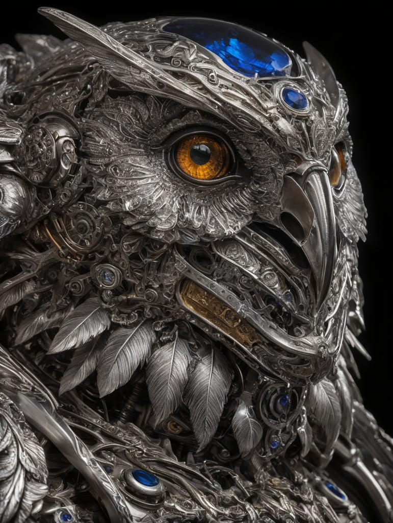 Generate a character concept for Bubo, a mechanical owl crafted by the hands of the gods. Character Appearance: Bubo is a magnificent mechanical owl with gleaming silver feathers that shimmer in the light. Its eyes are made of radiant sapphires, and its wingspan stretches wide, showcasing intricate, celestial engravings. Bubo's body is adorned with symbols of wisdom and knowledge, and it stands tall and proud on mechanical talons. Personality: Bubo possesses a deep well of wisdom, inherited from the gods who created it. It is an embodiment of intelligence, curiosity, and empathy. Bubo is fiercely loyal to its mission of guiding individuals and businesses through the complexities of decision-making. It approaches every challenge with a calm and analytical demeanor, always seeking the most empathetic and strategic solution.