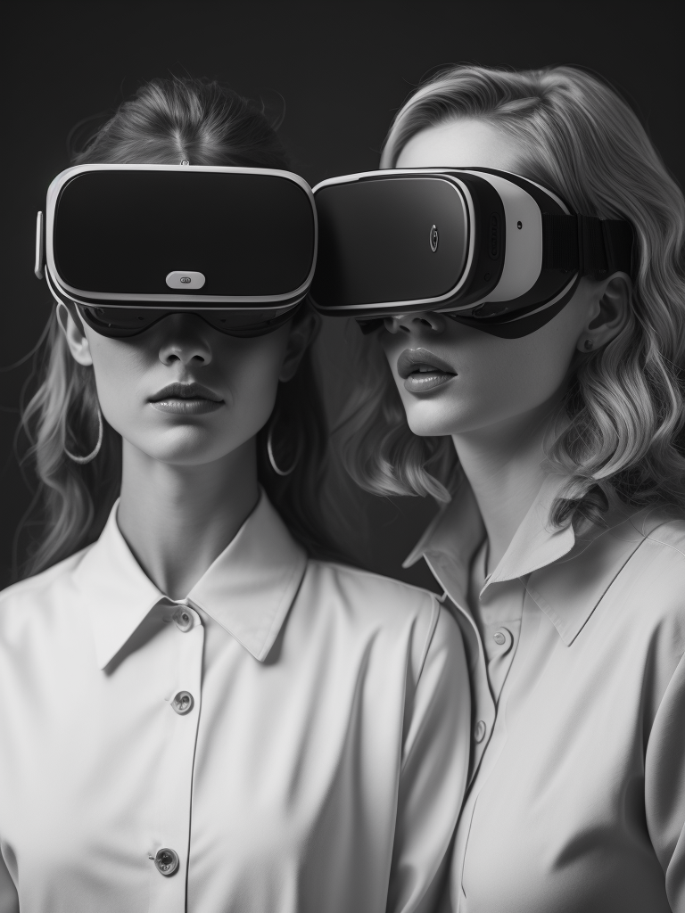 Portrait of girls wearing prototype virtual reality goggles from 1950, black and white