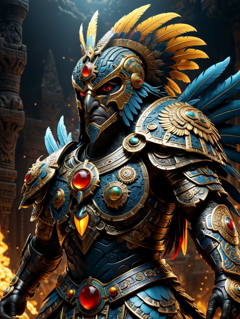 Insanely detailed photograph of An elaborate and insanely mighty "Aztec Eagle Knight with superpowers, fighting with the evil spirits of Mictlan in ancient Tenochtitlán" ZBrush Central fantasy art 4K 64 megapixels 8K resolution HDR, cinema 4D, lovely gorgeous magnificent full body