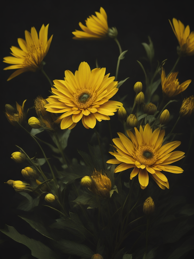yellow flowers, dark atmosphere, deep colors, clear details