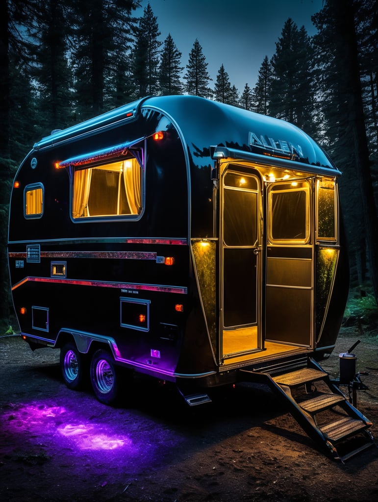 Alien camping trailer made of black alien liquid, translucent with neon lights, liquid dripping from the trailer, dark atmosphere