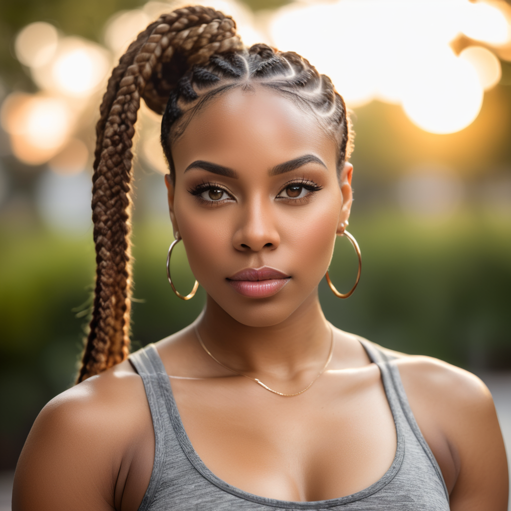 physically fit 25 year old black woman with box braids, slanted eyes and big full lips