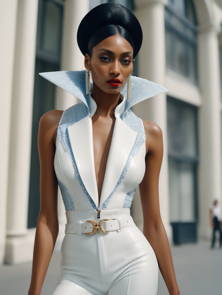 Donyale luna, model, 8k resolution, hyper realistic, day, 35mm film, editorial, high fashion, 2023, off white by virgil abloh