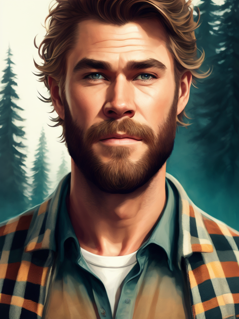 Portrait of Chris Hemsworth as a Canadian lumberjack, with a large beard and a plaid shirt, against the backdrop of a dense forest, bright saturated colors, Contrasting cinematic light
