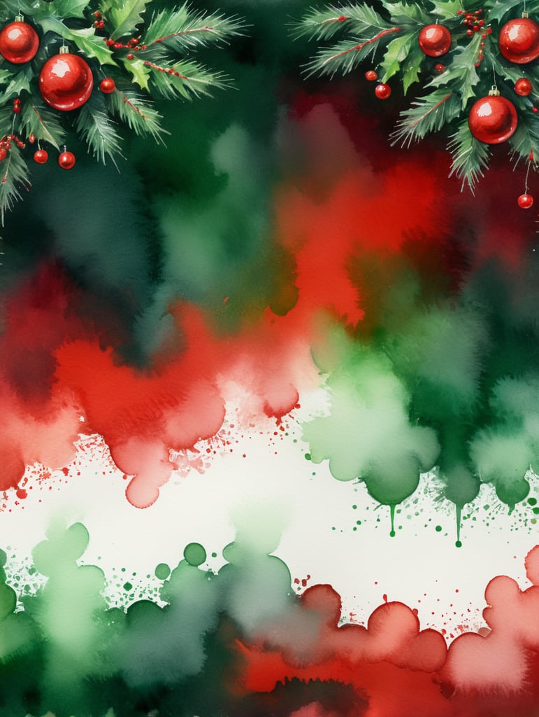 watercolor red and green christmas background with lots of white space