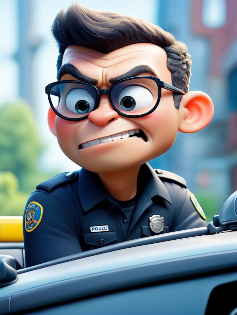 Gorilla police officer, sitting behind the wheel of a police car, close-up shot, sunglasses, clipart, stock photo