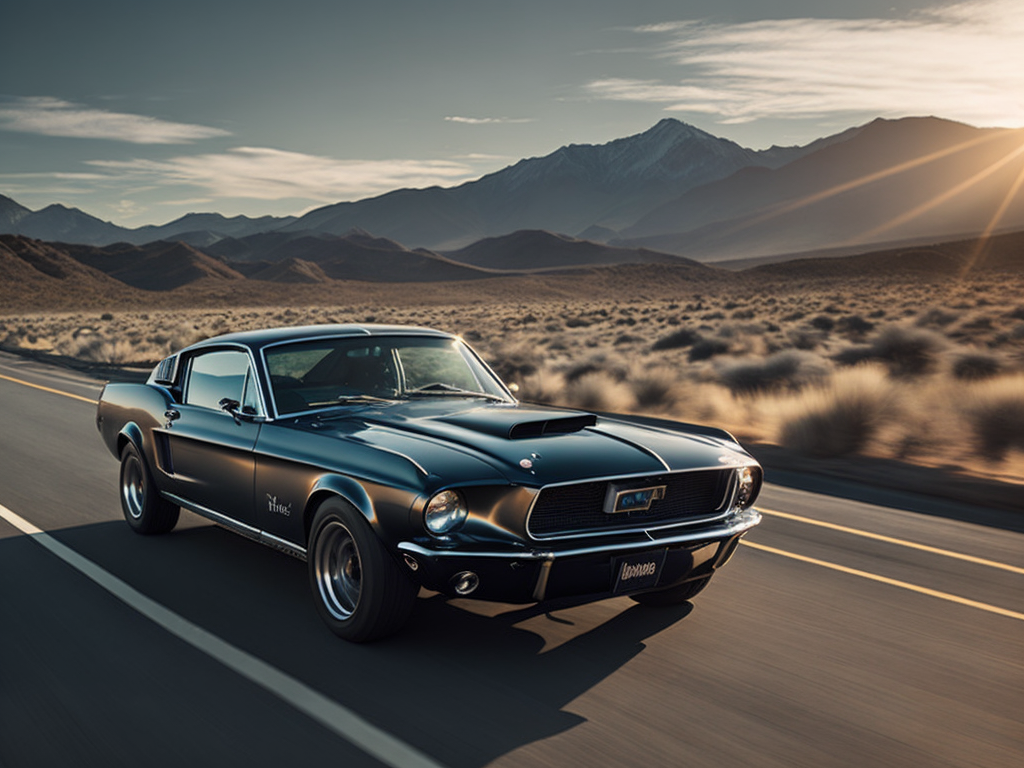 1968 black ford mustang on the highway, speeding towards the sun, sunset, mountains in the background