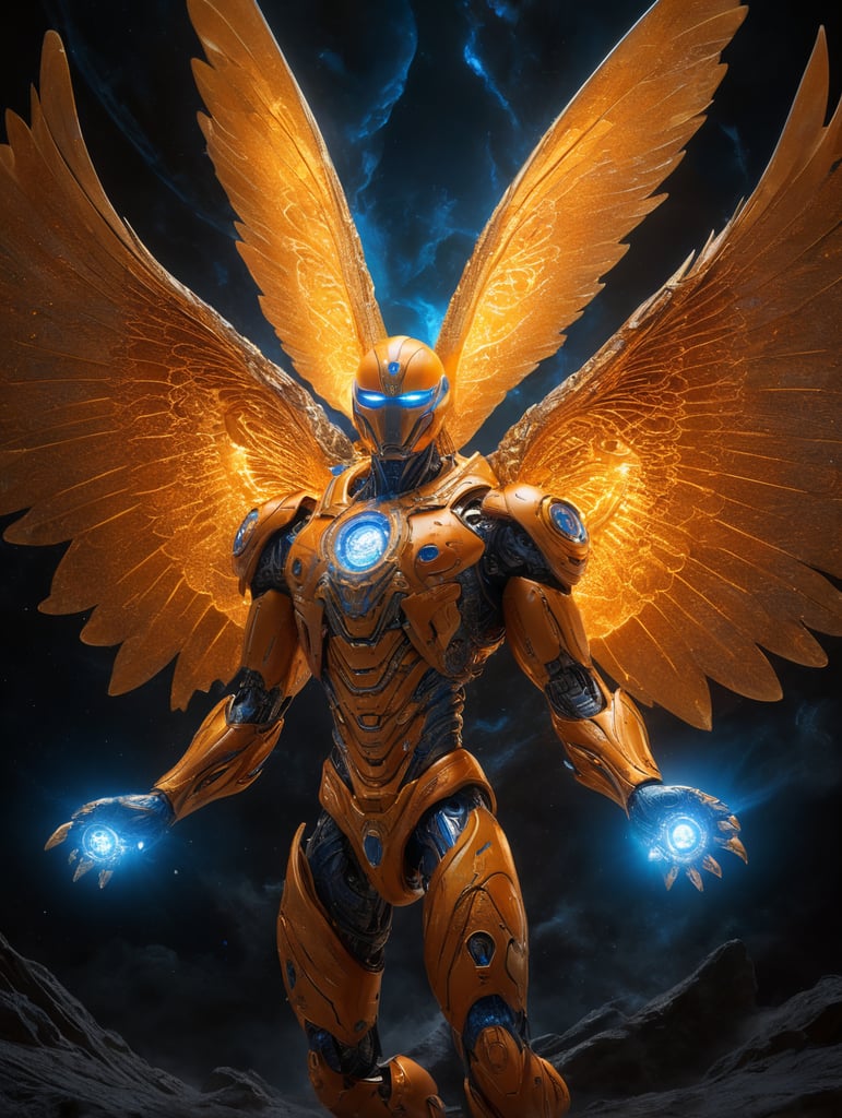 humanoid orange yellow with the border blue energy light flying in the eternal universe