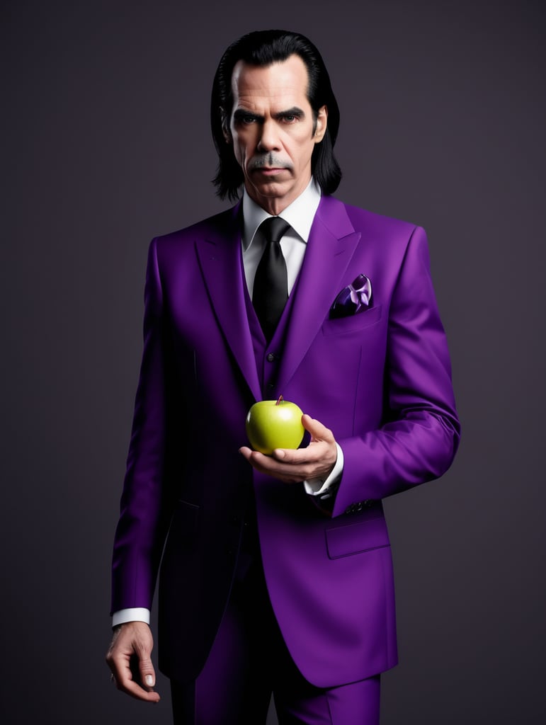 nick cave in purple minimalistic suit with apple in a hand black background