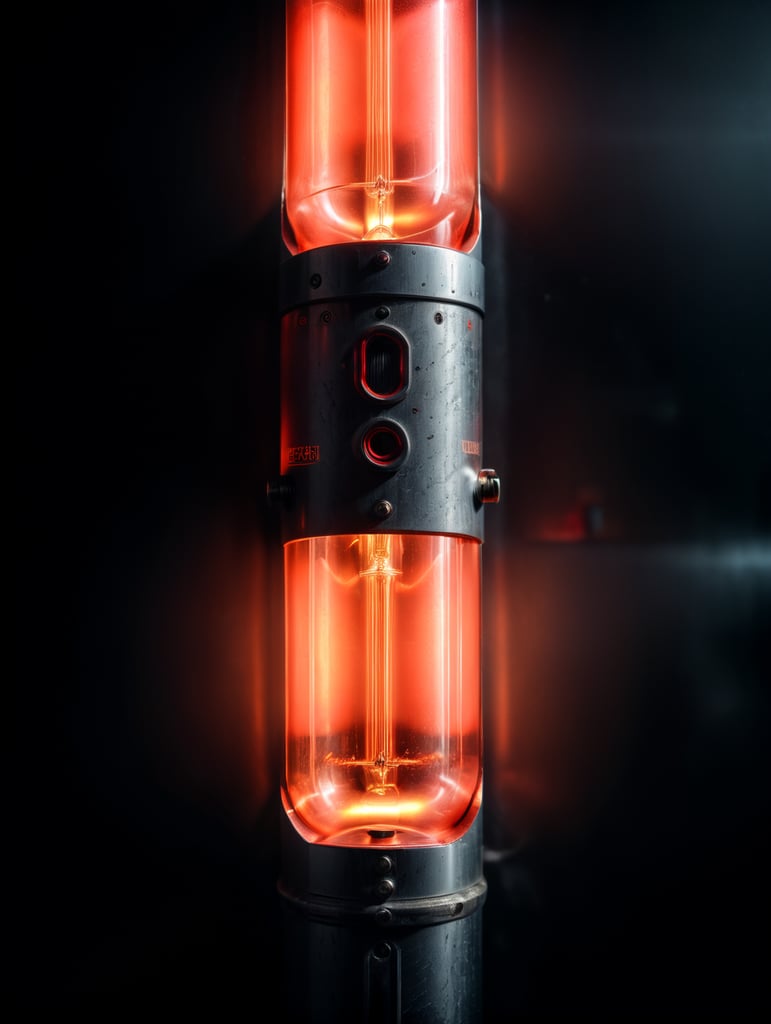 Close-up photo of a neon tube glowing with a bright red light, isolated, black background