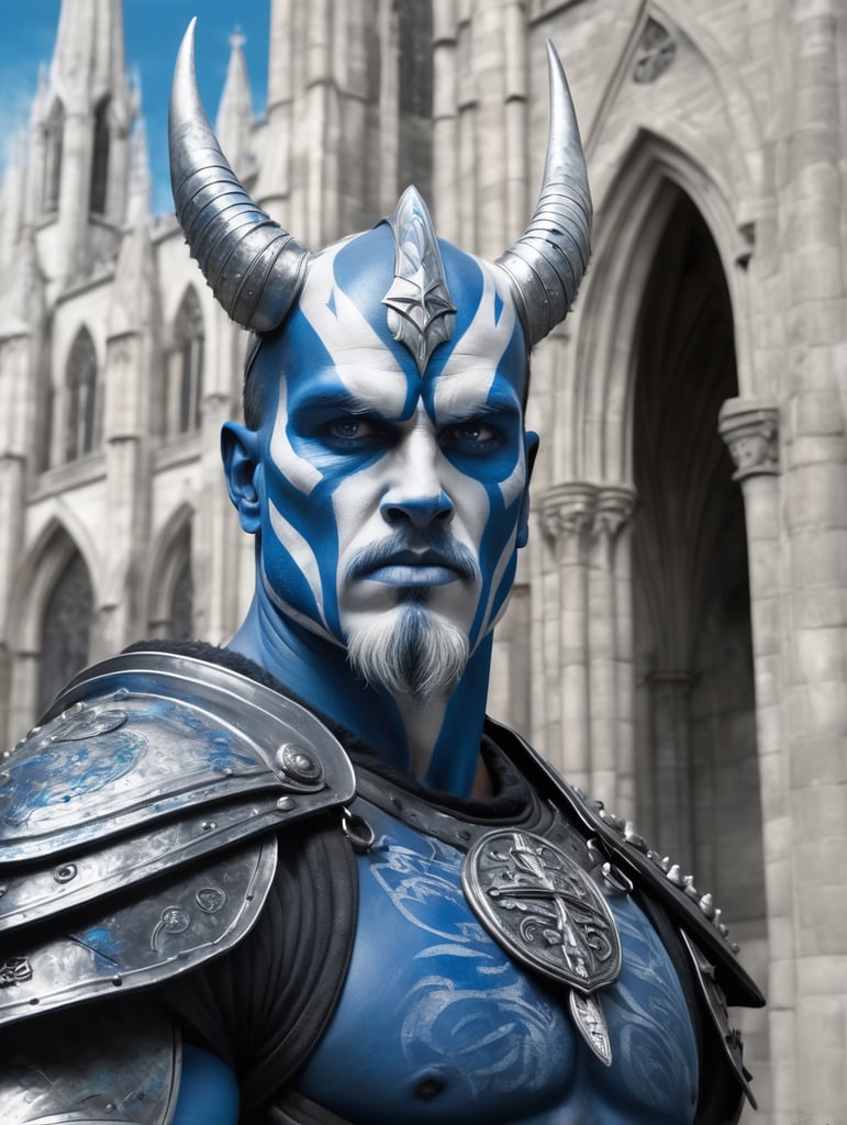 Scottish warrior with blue paint on the face, standing in front of the gothic church, hyper realistic, dramatic,dark white and silver,