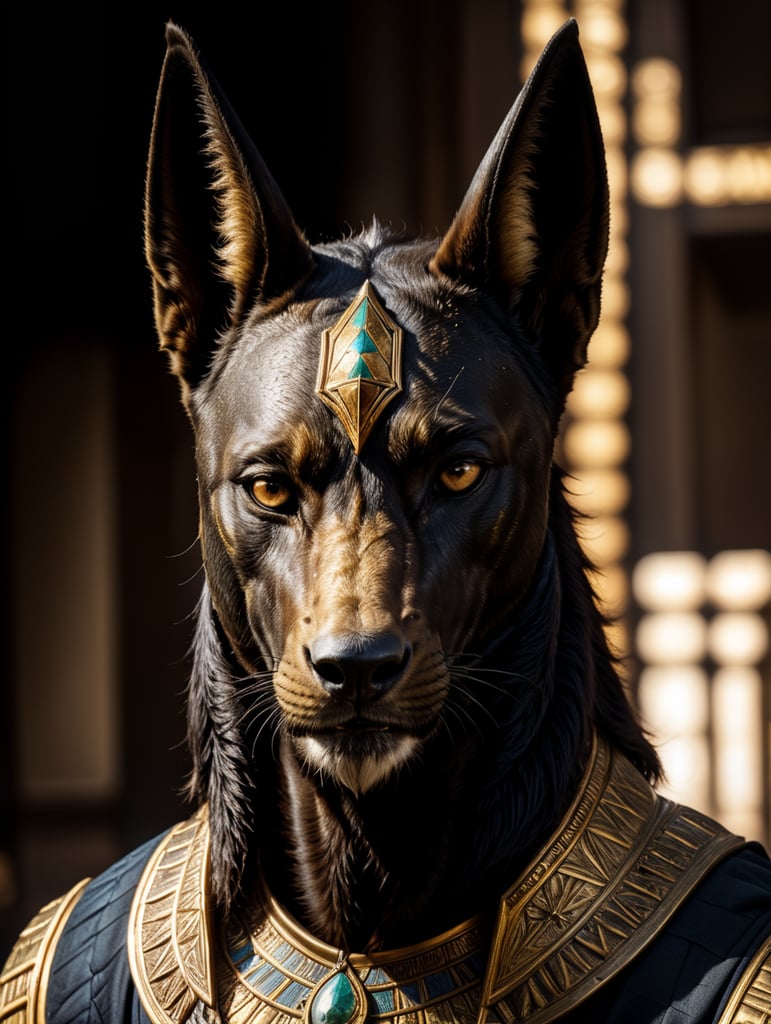 Egyptian god Anubis, portrait, hyper-realistic, dark style, focus on face, sharp on details, black background