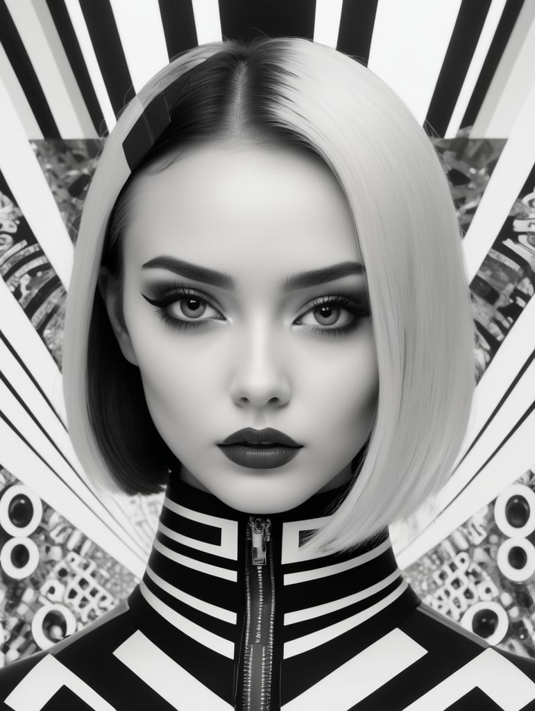 Cute girl model, retro futurist of high fashion, made in symmetrical black and white psychedelic style, black and white beauty, optical illusion, glitch art, flirty, shot on Canon