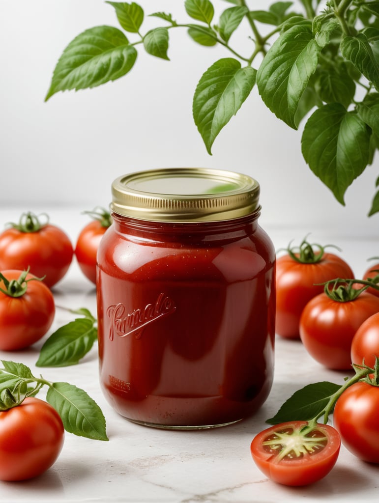tomato ketchup jar, red tomato with green leaves, isolated, white background, mockup