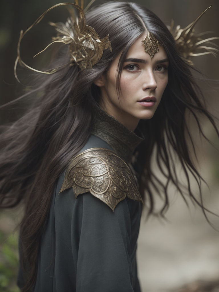 An elf in LOTR movie style, androgene face, long straight silver hair,gray and silver clothes with elvish motifs, swiping a sward, whole figure, in an old forest